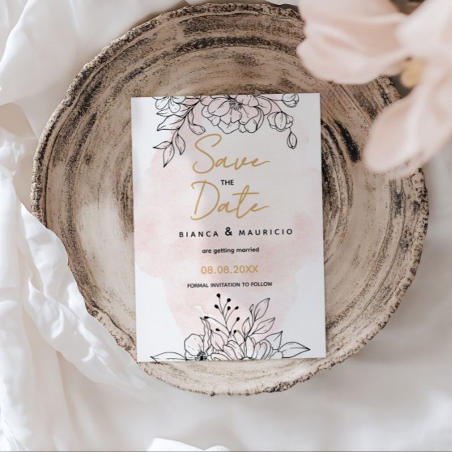 Reserve A Data Blush Romance com detalhes botânicos em preto eleg (Blush Romance with Elegant Black Botanical details Save The Date)