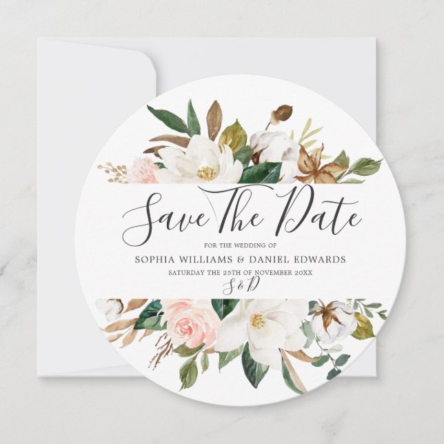 Reserve A Data Blush & White Florals Elegante Casamento Moderno (Frente)