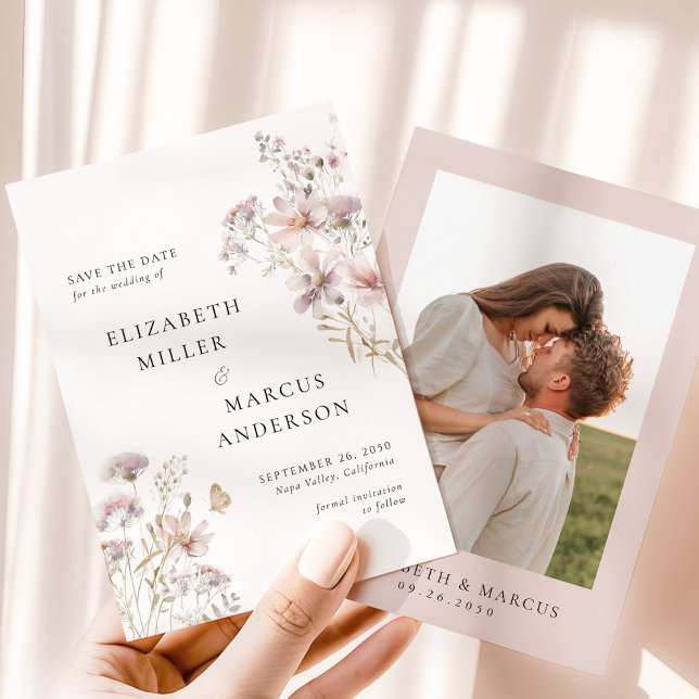 Reserve A Data Blush Wildflower Boho Garden Wedding Save the Date (Blush floral save the date card with couple photo and elegant typography wedding stationery)