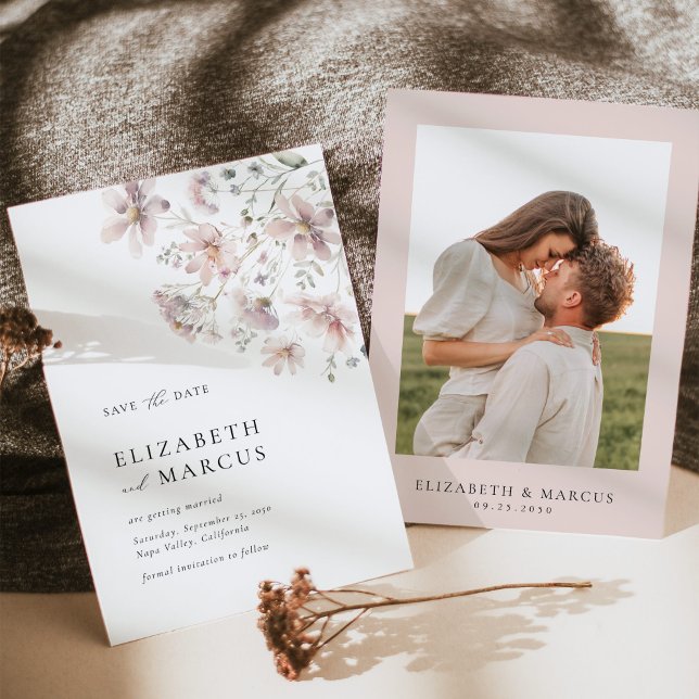 Reserve A Data Blush Wildflower Minimal Wedding Save the Date (Floral save the date card with couple photo, blush wedding stationery flat lay mockup)