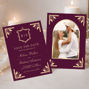 Reserve A Data Bodas de Foto Monograma Gold Crest Ameixa Roxo