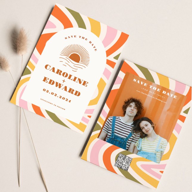 Reserve A Data Boho Anos 70 Groovy Ondulado Sol Salvar Data Códig (Criador carregado)