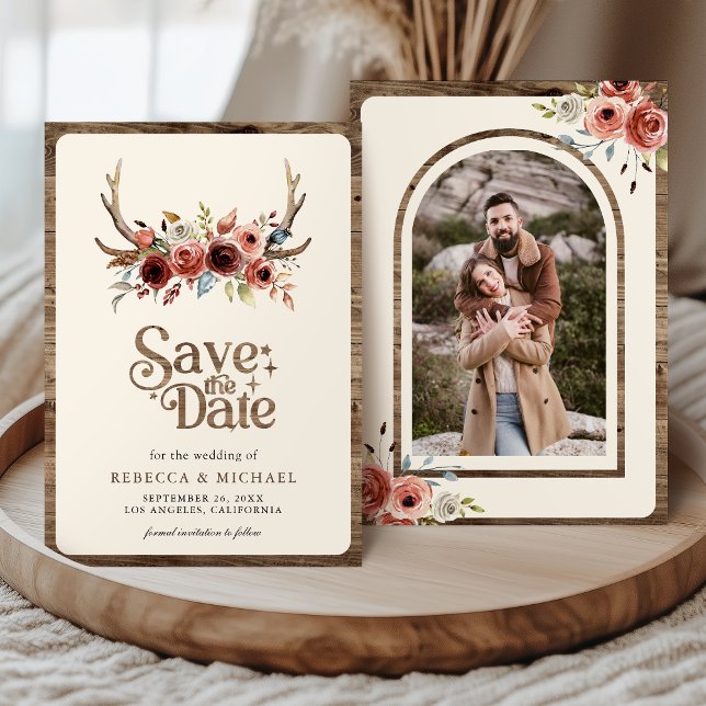 Reserve A Data Boho Antlers Terracotta Floral Photo Wedding (Criador carregado)