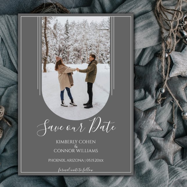 Reserve A Data Boho Arch Photo Save the Date | Cinza (Gray Arch Photo Save the Date)