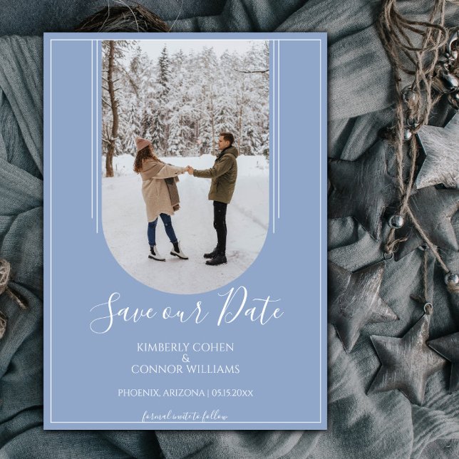 Reserve A Data Boho Arch Photo Save the Date | Dusty Blue (Dusty Blue Arch Photo Save the Date)