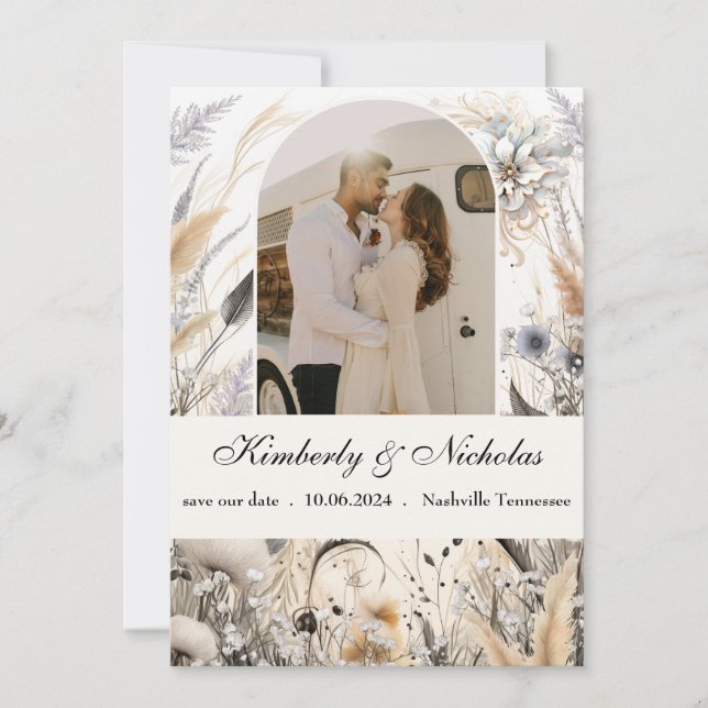 Reserve A Data Boho Arco Rústico Terroso Pampas Floral Botânico (Frente)