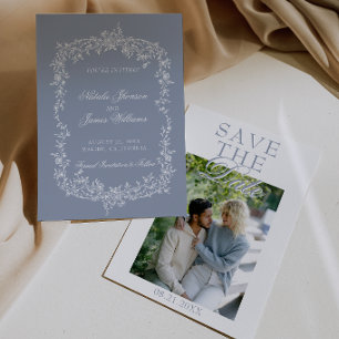 Reserve A Data Boho Azul Floral Botânico Foto Casamento