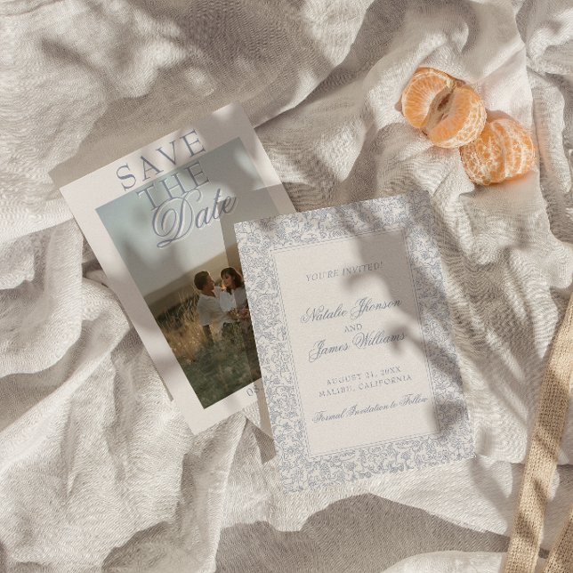 Reserve A Data Boho Azul Floral Botânico Foto Casamento (Criador carregado)