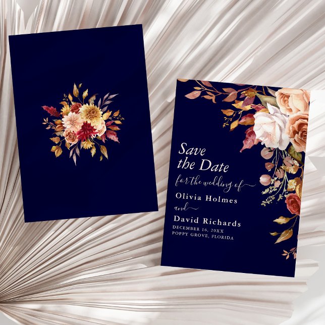 Reserve A Data Boho Azul Marinho Laranja Queimada Casamento Flora (Boho Navy Blue Burnt Orange Floral Wedding Save The Date on a sunny neutral dry palm leaf.)