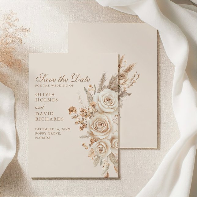 Reserve A Data Boho Beige Flores Secas e Casamento de Rosas (Boho Beige Dried Flowers and Roses Wedding Save The Date on an elegant silky tablecloth)