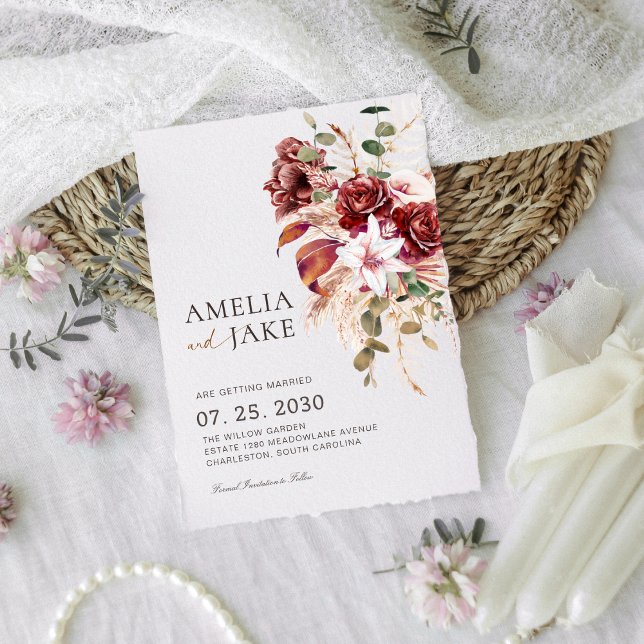 Reserve A Data Boho Borgonha & Beijo Moderno Floral (Criador carregado)