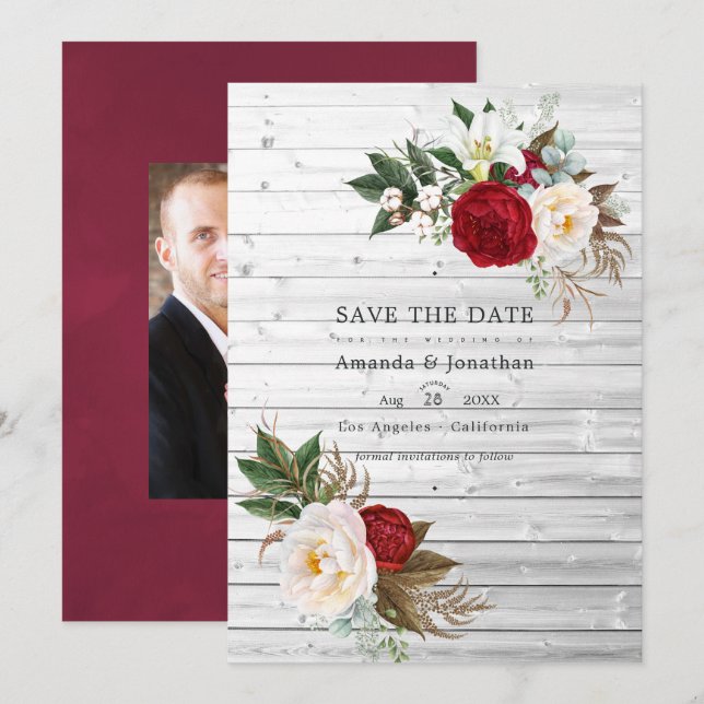 Reserve A Data Boho Borgonha - Casamento Floral Boêmio Marsala (Frente/Verso)