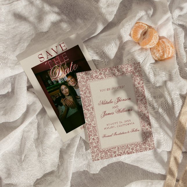 Reserve A Data Boho Borgonha Floral Botânico Foto Casamento (Criador carregado)