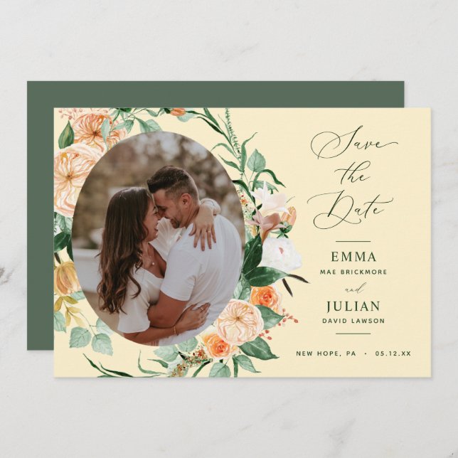 Reserve A Data Boho Botânico Verde Amarelo Suave Foto Neutra Amar (Frente/Verso)