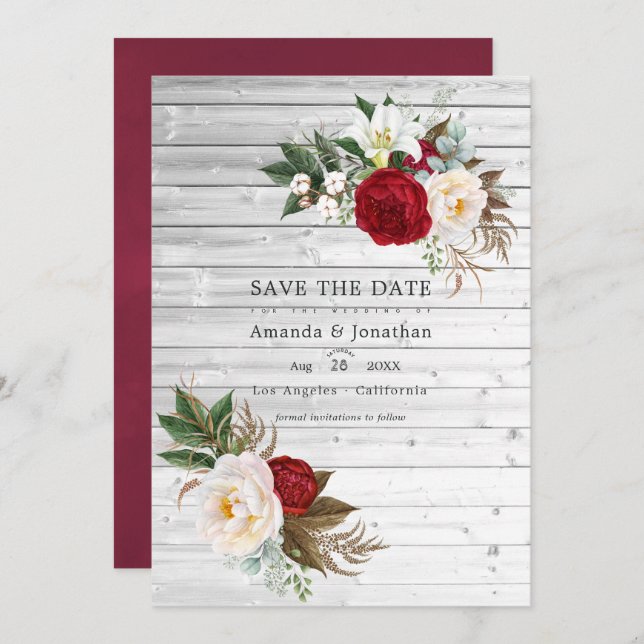 Reserve A Data Boho Burgundy - Foto de Casamento Floral Marsala (Frente/Verso)