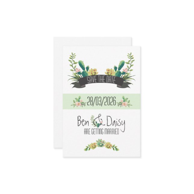 Reserve A Data Boho Cactus Flat Save The Date Card (Frente/Verso In Situ)