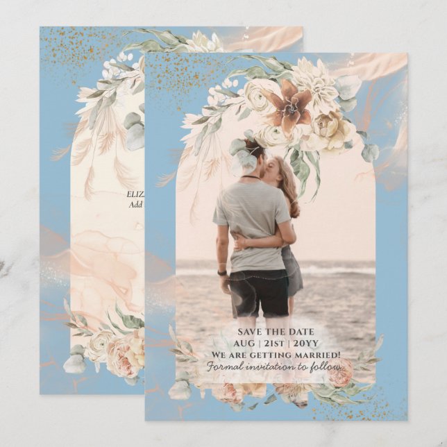 Reserve A Data BOHO Casamento com Grama de Pampas Azul Empoeirada (Frente/Verso)