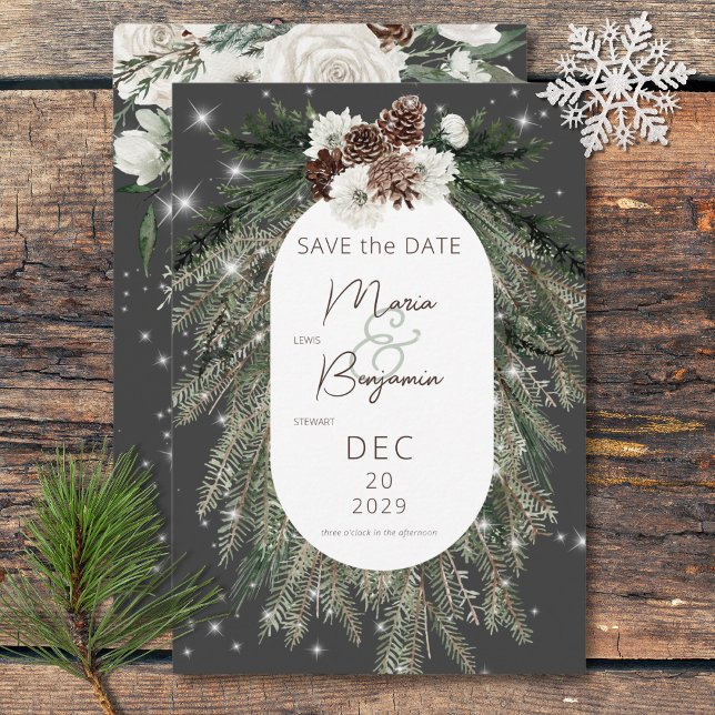 Reserve A Data Boho CharCoal Pine Winter Sparkle Weds (Boho Charcoal Pine Winter Sparkle Wedding Save The Date)