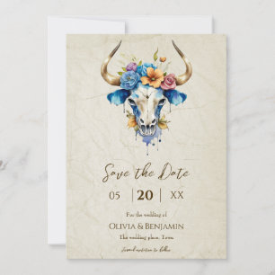 Reserve A Data Boho Chic Aquarela Floral Crânio de Vaca Casamento