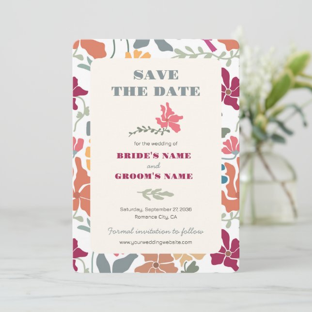 Reserve A Data Boho Chic Floral Casamento Retro Meados do Século (Em pé/Frente)