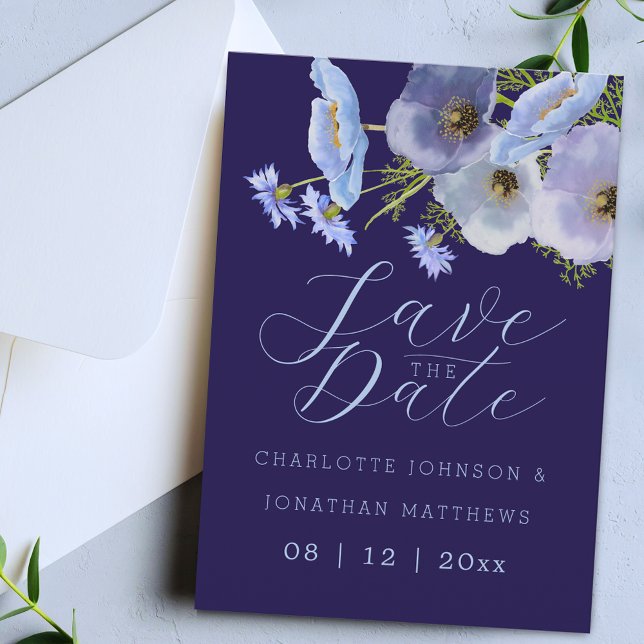 Reserve A Data Boho Chic Floral de Flores Silvestres Azul Marinho (Boho chic wildflower bouquet watercolor blue floral navy blue wedding save the date invitation)