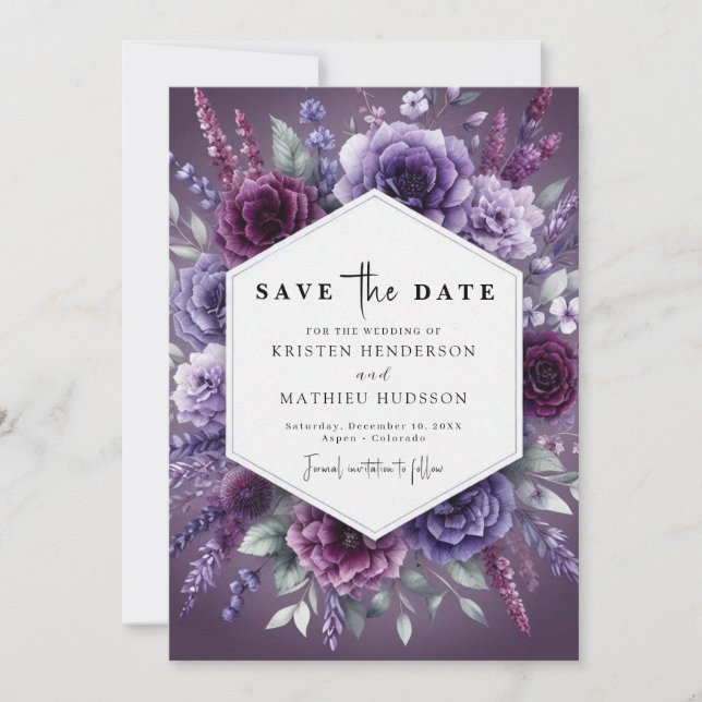 Reserve A Data Boho Chic Purple Floral Wedding (Frente)