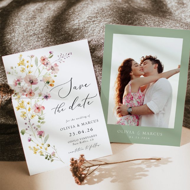Reserve A Data Boho Colorful Primavera Whimsical Wildflower Wedin (Wildflower meadow wedding save the date card with soft floral illustration and elegant script)