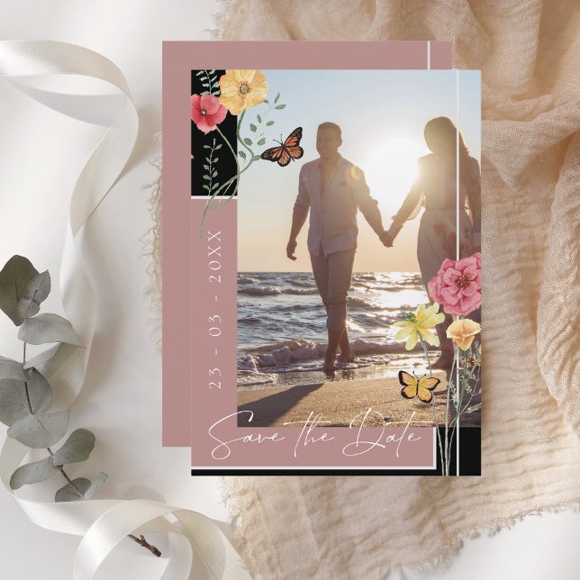 Reserve A Data Boho Dusty Flores Selvagens Rosa Foto Salvar Data (Boho Dusty Pink Wildflowers Photo Save the Date)