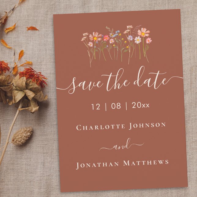 Reserve A Data Boho Fall Wildflower Floral Terracotta Wedding (Wildflower meadow elegant boho fall terracotta rust wedding save the date card)