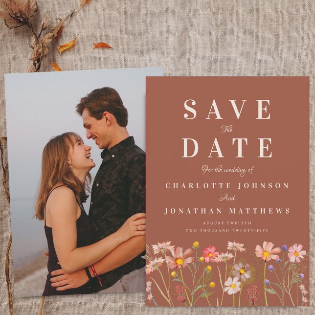 Reserve A Data Boho Fall Wildflower Terracotta Photo Wedding (Wildflower meadow boho fall floral photo terracotta Wedding save the date invitation Elegant modern)