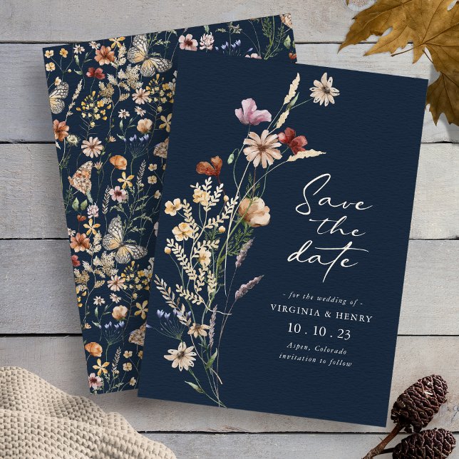 Reserve A Data Boho Floral Azul-Marinho Salvar Data (Boho Wildflower Floral Navy Save The Date Butterflies on Back by Painted Paperie
)