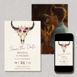 Reserve A Data Boho Floral Cow Skull Burgundy Casamento FOTO