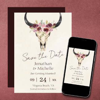 Reserve A Data Boho Floral Cow Skull Burgundy e Cream Weds