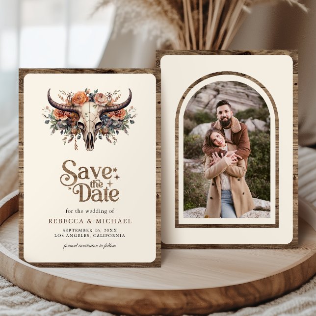 Reserve A Data Boho Floral Cow Skull Western Wedding Photo (Criador carregado)