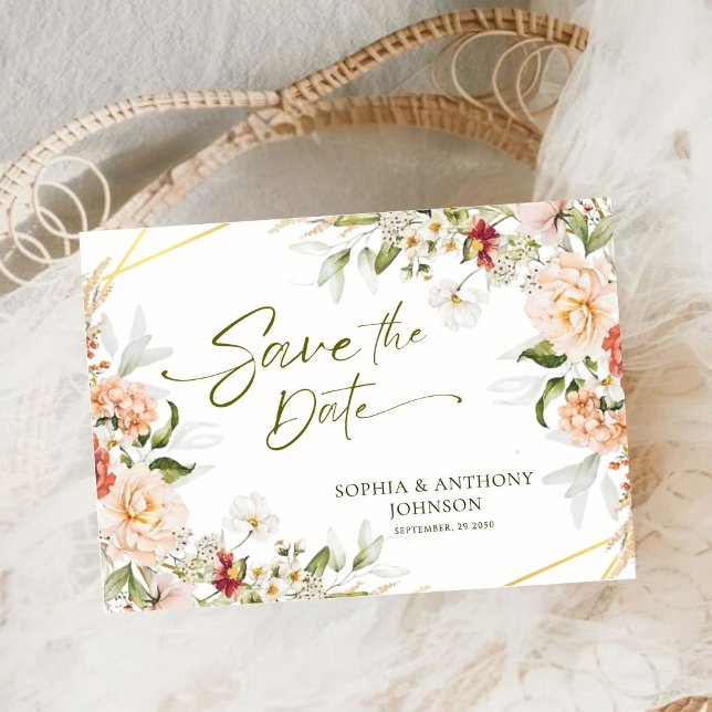 Reserve A Data Boho Floral Dourado Geométrico Foliage Casamento Q (Criador carregado)