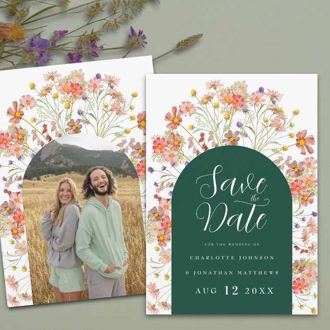 Reserve A Data Boho Floral Photo Arch Wedding (Boho rustic Wildflower floral arch photo dark green Wedding save the date invitation elegant script)