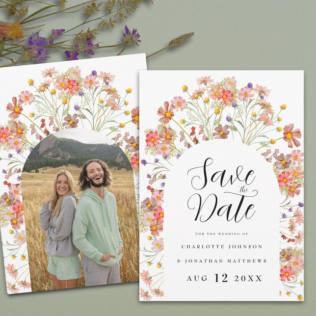 Reserve A Data Boho Floral Photo Arch Wedding (Boho rustic Wildflower floral arch photo Wedding save the date invitation Elegant script)