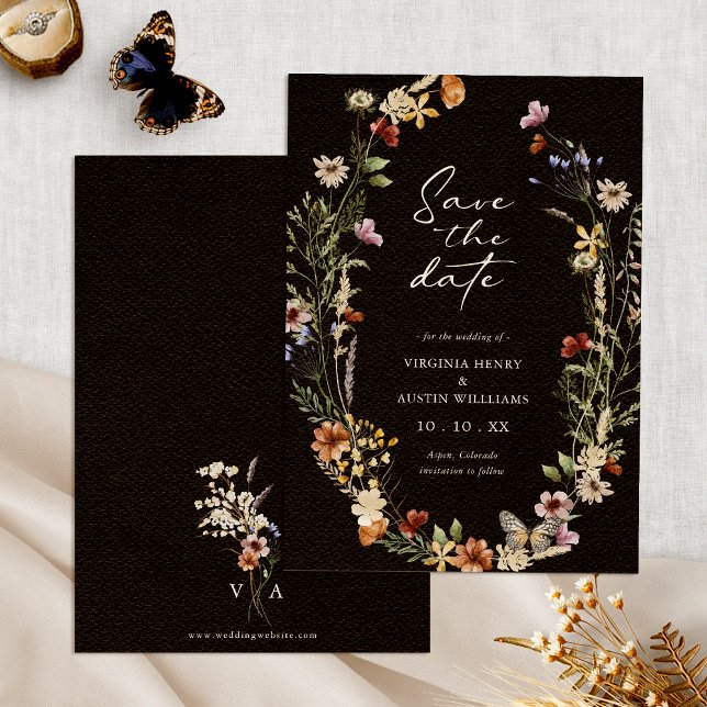 Reserve A Data Boho Floral Salvar Data (Black Boho Watercolor Floral Save The Date Monogrammed by Painted Paperie
)
