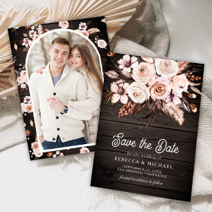 Reserve A Data Boho Floral Terroso Foto Casamento de Madeira