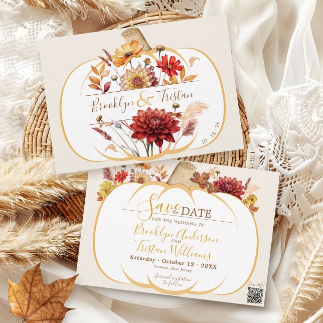 Reserve A Data Boho Floral White Pumpkin Casamento outono Ivory (Modern Autumn boho pampas grass fall floral orange ivory pumpkin script wedding save the date card)