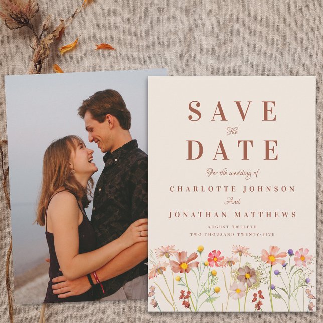 Reserve A Data Boho Foto Casamento de Flores Selvagens de Outono (Boho chic Wildflower meadow fall floral tan beige Wedding save the date card)