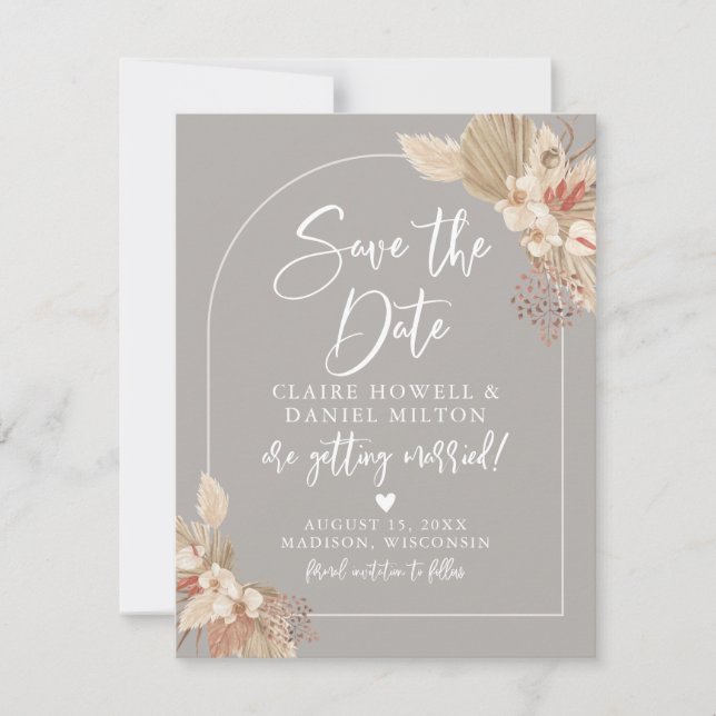 Reserve A Data Boho Grama das Pampas Cinza Bege Save The Date (Frente)