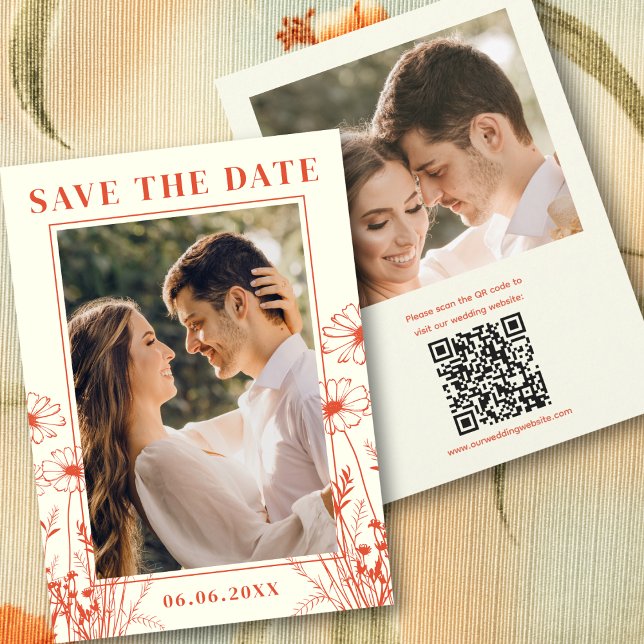 Reserve A Data Boho Laranja Arte Floral Linha 2 Código QR Foto  (Boho Orange Floral Line Art 2 Photo QR Code Save The Date
)