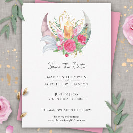 Reserve A Data Boho Lua Cristais Penas Flores Rosa Casamento 