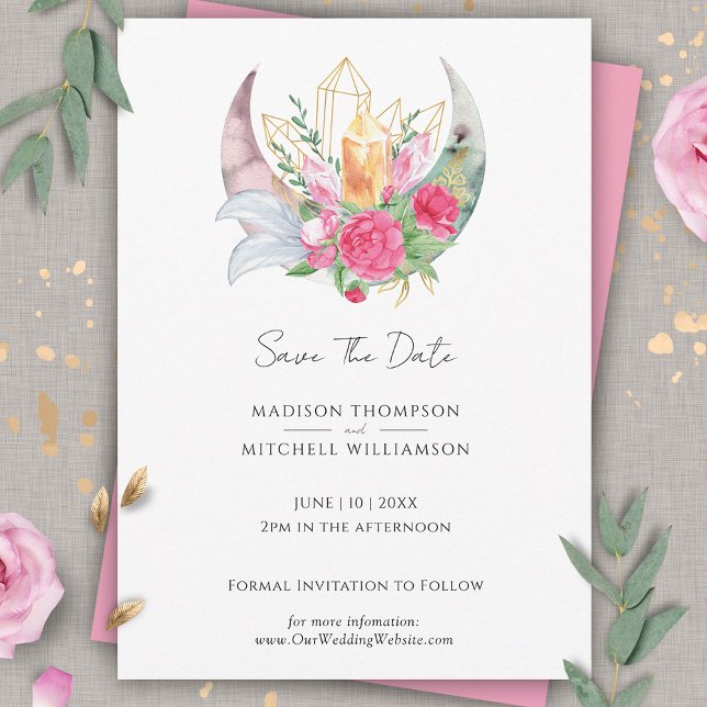 Reserve A Data Boho Lua Cristais Penas Flores Rosa Casamento  (Criador carregado)