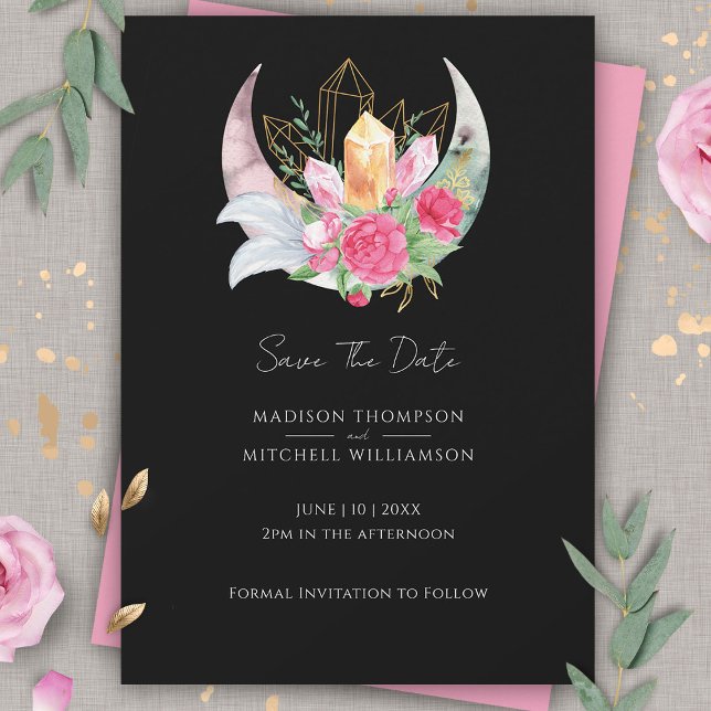 Reserve A Data Boho Lua Cristais Penas Flores Rosa Casamento  (Criador carregado)