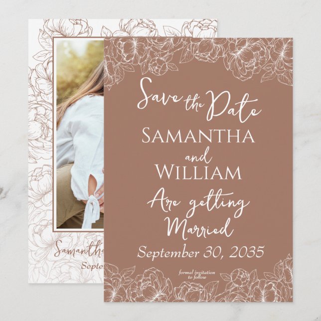 Reserve A Data Boho Mocha Mousse Foto Moderna Floral Casamento (Frente/Verso)