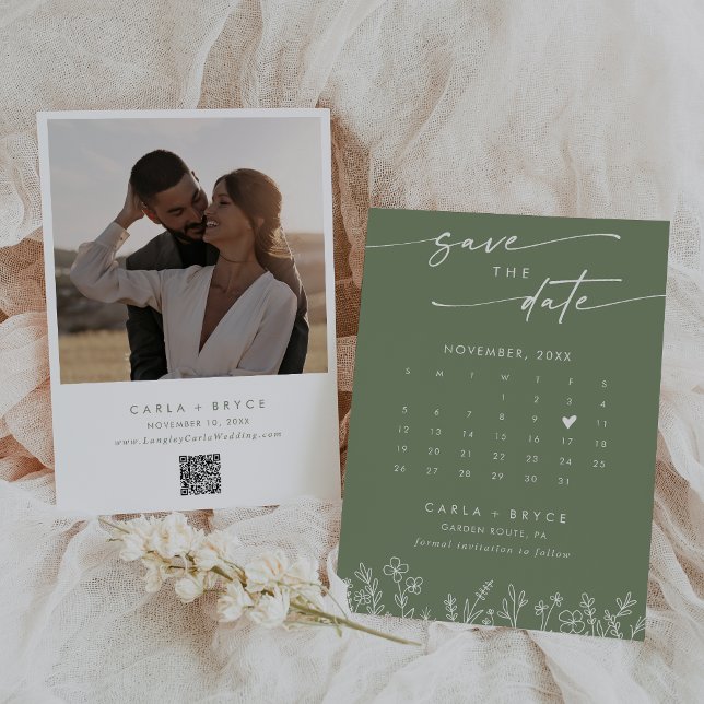 Reserve A Data Boho Olive Wildflower QR Code Photo Calendar  (Criador carregado)