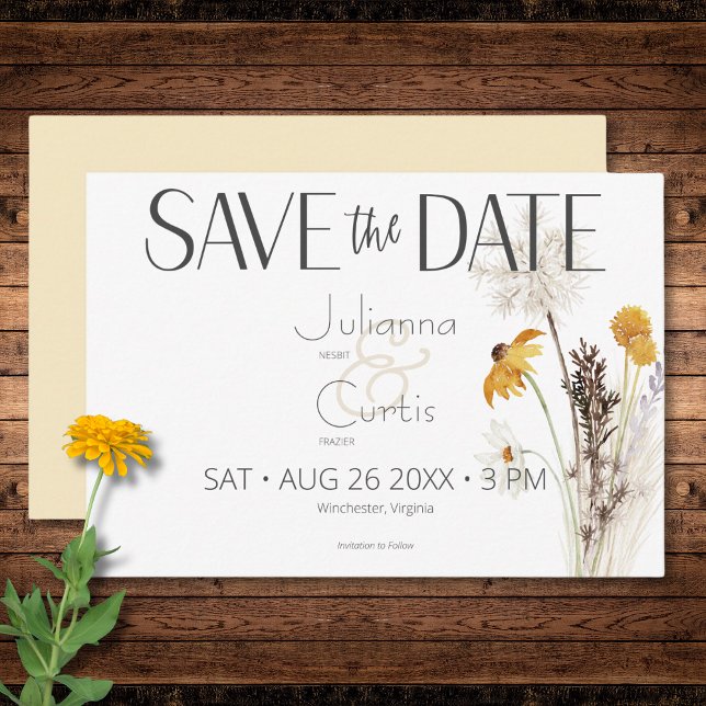 Reserve A Data Boho Ouro Amarelo Flores Amarelas Casamento (Boho Golden Yellow Meadow Flowers Yellow Wedding Save The Date)