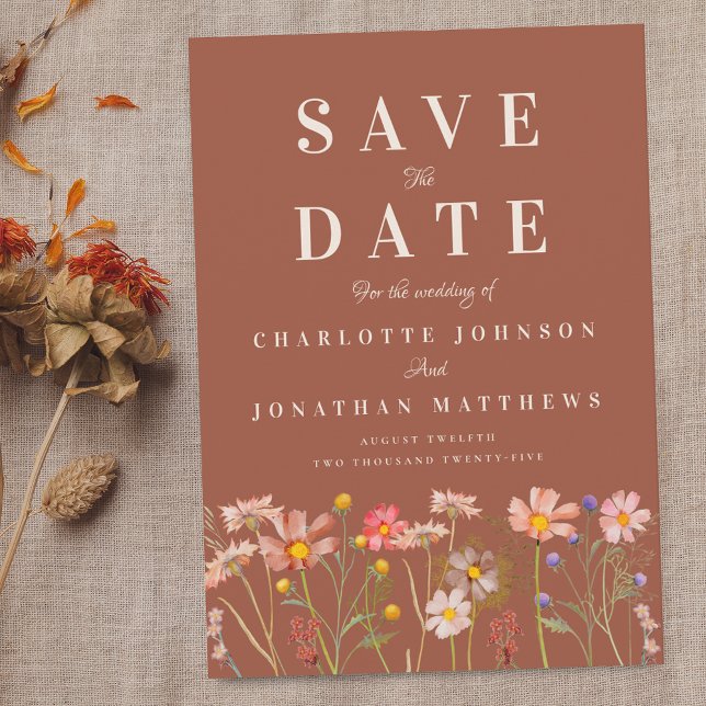 Reserve A Data Boho Outono Campo de Flores Silvestres Terracota C (Wildflower meadow boho fall floral terracotta rust photo wedding save the date invitation )